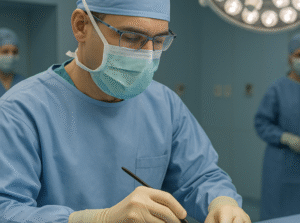 A set of carbon fiber medical devices including surgical arm tables, radiolucent supports, and custom orthopedic braces displayed in a clinical setting.